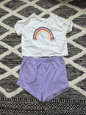 Btween White Rainbow Embroidered Crop Top with Lavender Pom Trim Shorts size 8